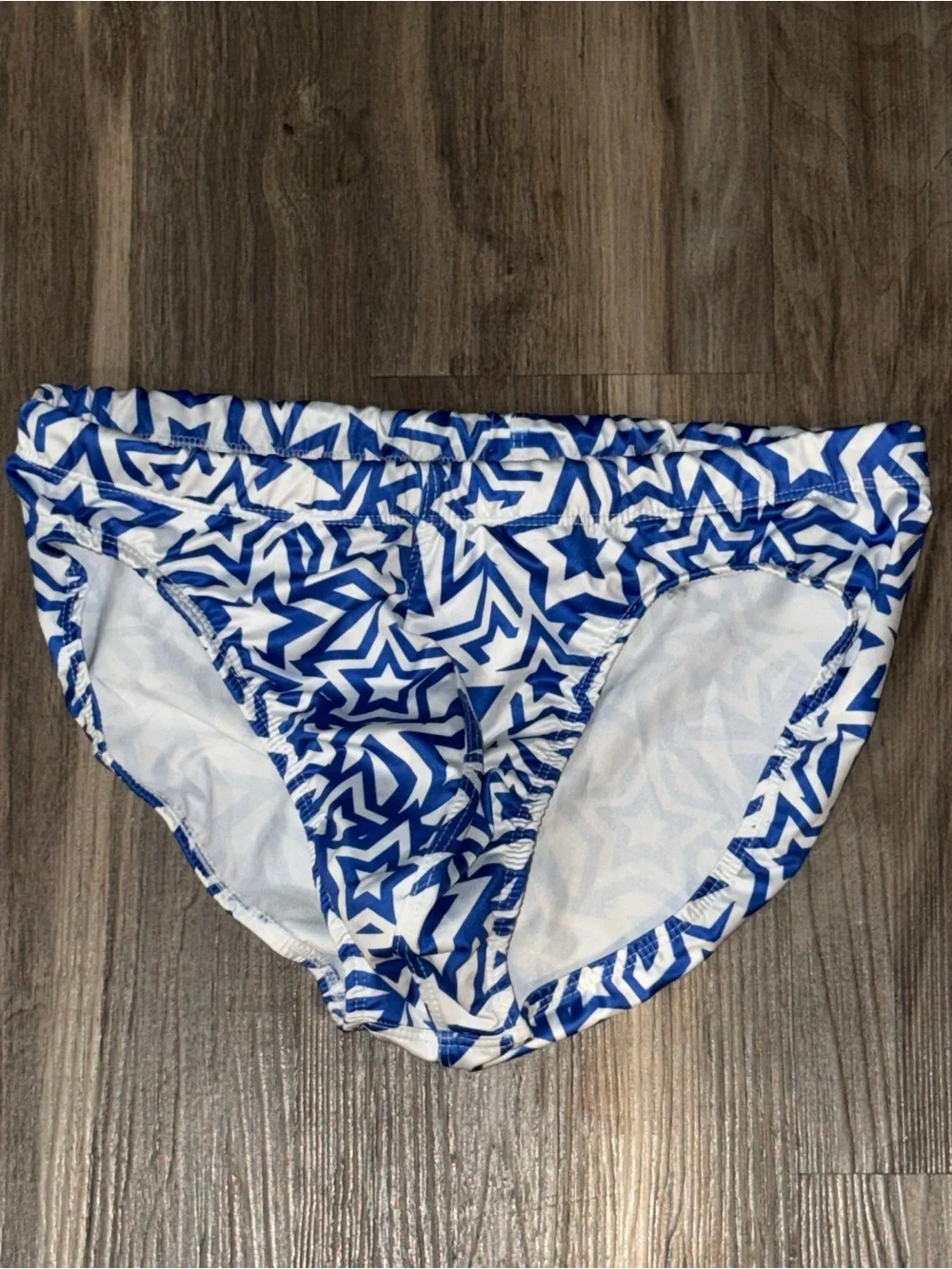 TULIO Men’s Large Blue White Star Print Swim Briefs Drawstring Swimsuit